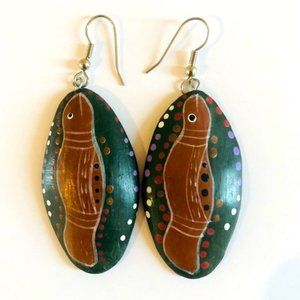 1970s Vintage: Funky Handpainted Tribal Fish Earrings Bohemian Boho OOAK Quirky